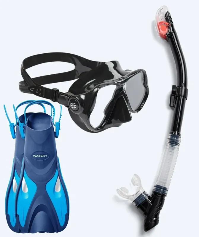 Neu Watery Schnorchelset für Erwachsene - Fisher/Hudson - Blau/Schwarz