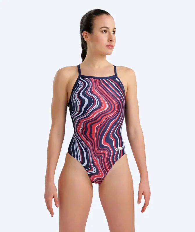 Neuheit Arena Badeanzug für Damen - Lightdrop Back Marbled - Dunkelblau/Rot