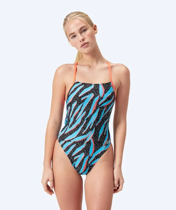 Speedo Badeanzug für Damen - Allover Digital Lattice Tie Back - Schwarz/Blau/Orange Top-Seller